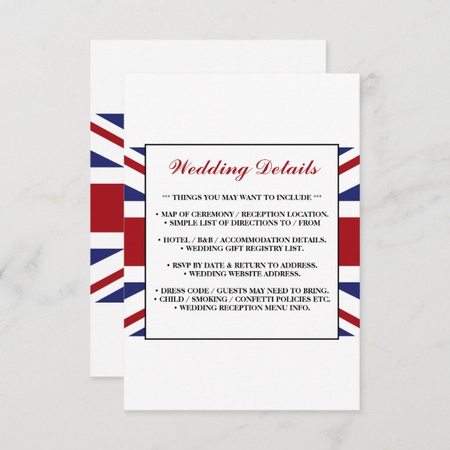 Cartão De Informações Detalhe de Casamento Britânico da Union Jack Flag (Frente/Verso)