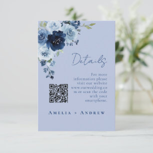 Cartão De Informações Detalhe de Casamento Código QR Floral Rosa Azul Em