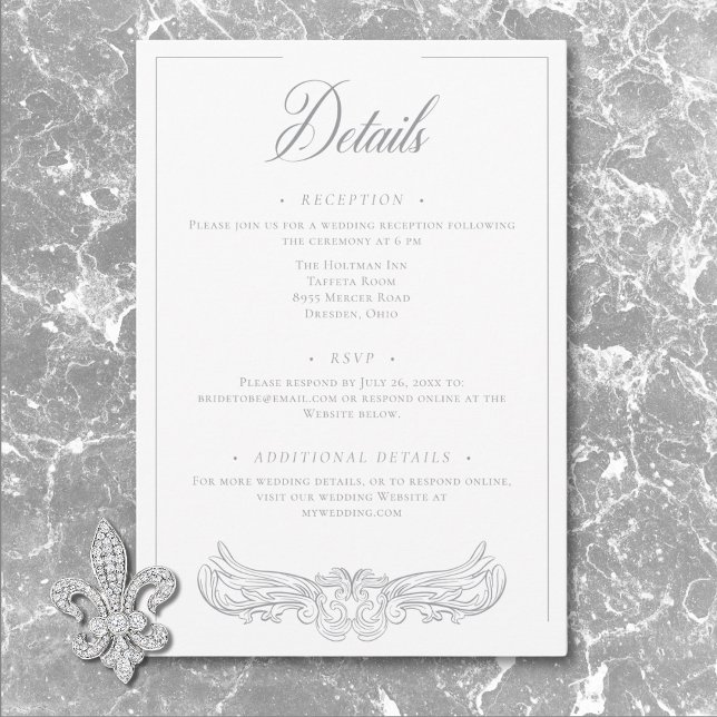 Cartão De Informações Detalhe de Casamento de Crest de Aves da Cinza Ele (Elegant Gray Chinoiserie Bird Crest Wedding Detail Enclosure Card)