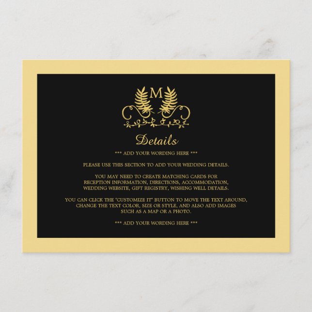 Cartão De Informações Detalhe de Casamento de Emblem Floral do ouro (Frente)