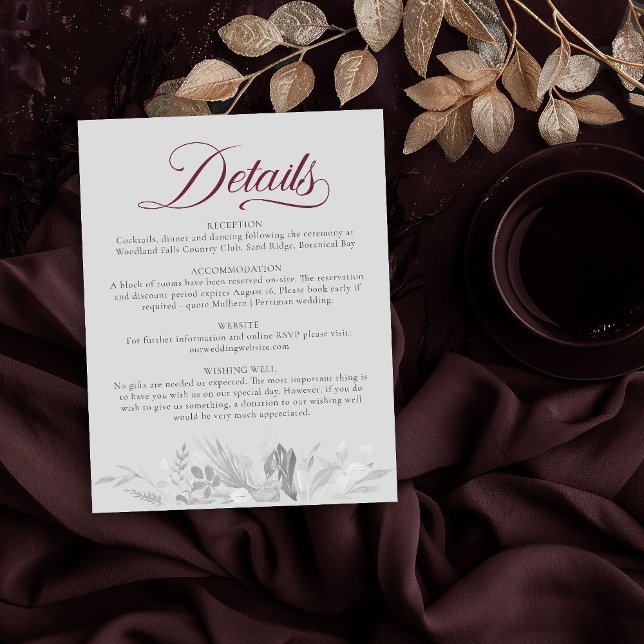 Cartão De Informações Detalhe de Casamento de Folhagem Botânica da Cinza (Wedding Details Card in Burgundy and Grey from the Foliage Duet Collection by Darling & May)