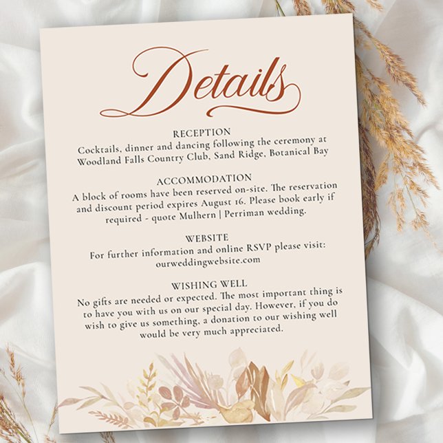 Cartão De Informações Detalhe de Casamento de Folhagem Botânica de Terra (Details enclosure card with elegant calligraphy and fully editable deets. )