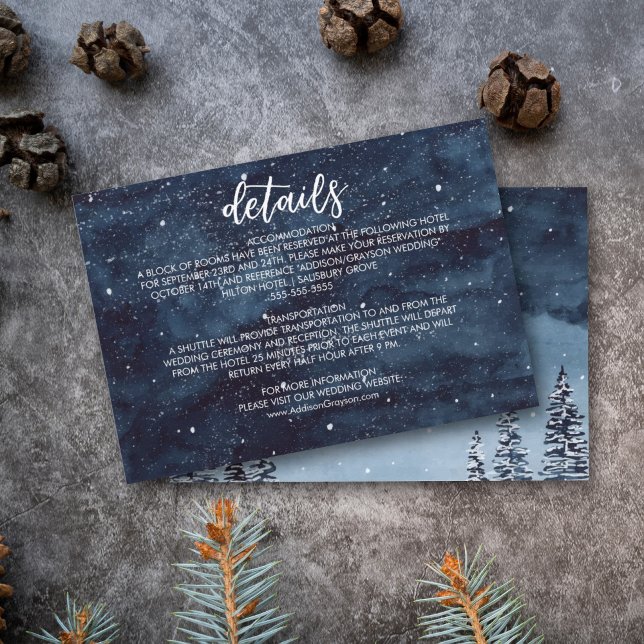 Cartão De Informações Detalhe de Casamento de Noite marinho Azul Wintery (Winter wonderland watercolor snow night wedding detail card for and elegant winter wedding.)
