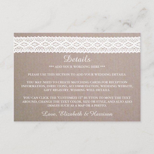 Cartão De Informações Detalhe de Casamento de Raça Branca Rustic Kraft & (Frente)
