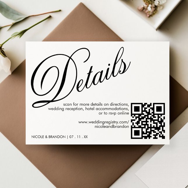 Cartão De Informações Detalhe de Casamento do Código QR Elegante Branco  (White & Black Elegant QR Code Wedding Detail Enclosure Card)