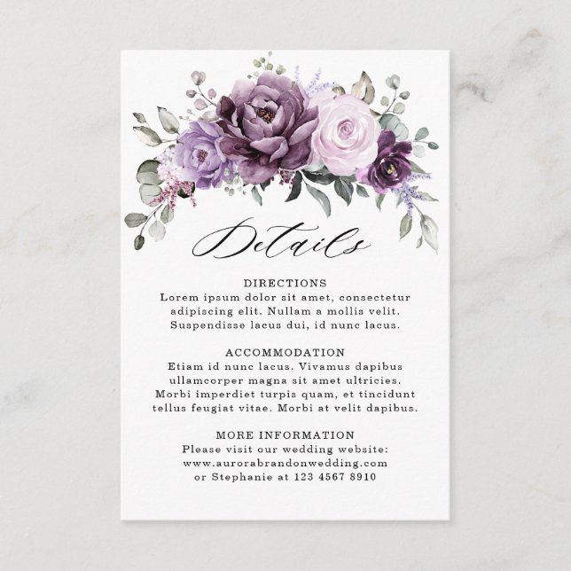 Cartão De Informações Detalhe de casamento floral em tons de roxo empoei (Frente)