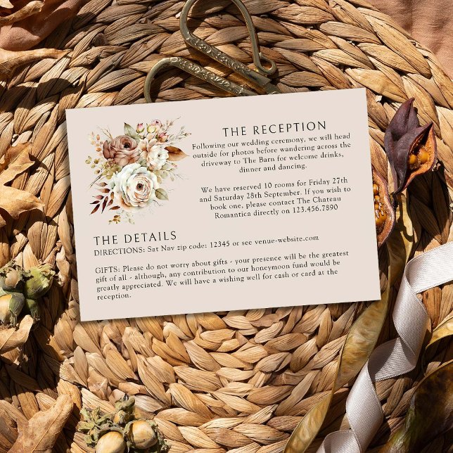 Cartão De Informações Detalhe de Casamento Neutro Castanho Castanho Flor (Wedding details insert card from the Rustic Floral Brown Neutral Wedding Collection by Darling & May)