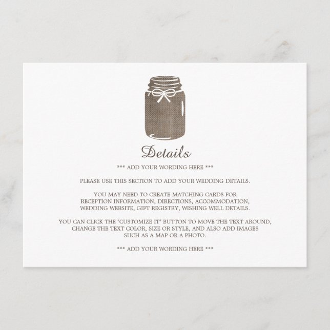 Cartão De Informações Detalhe de Casamento Rustic Burlap Mason Jar (Frente)