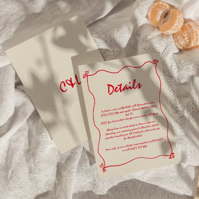 Cartão De Informações Detalhe de Casamento Vermelho Impressionante Retro (Criador carregado)