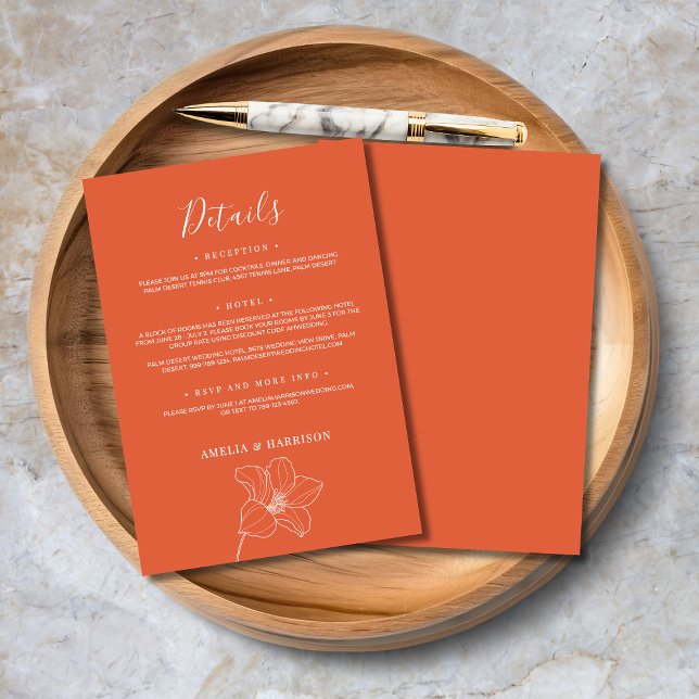 Cartão De Informações Detalhe do Casamento Floral Laranja Verona Sunset  (Verona Sunset Elegant Orange Floral Wedding Detail Enclosure Card with Line Art Flowers.)