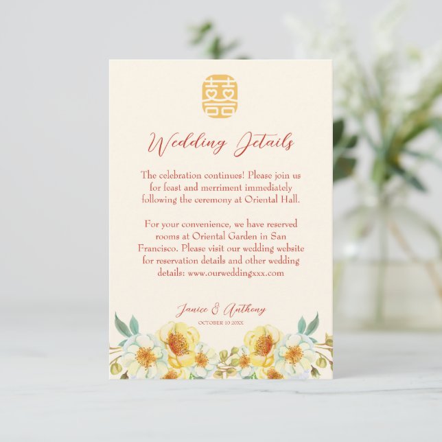 Cartão De Informações Detalhe elegante floral amarelo-casamento chinês (Em pé/Frente)