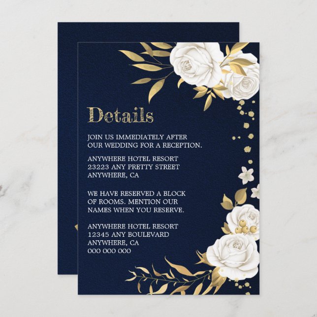 Cartão De Informações detalhes azuis do marinho floral branco (Frente/Verso)