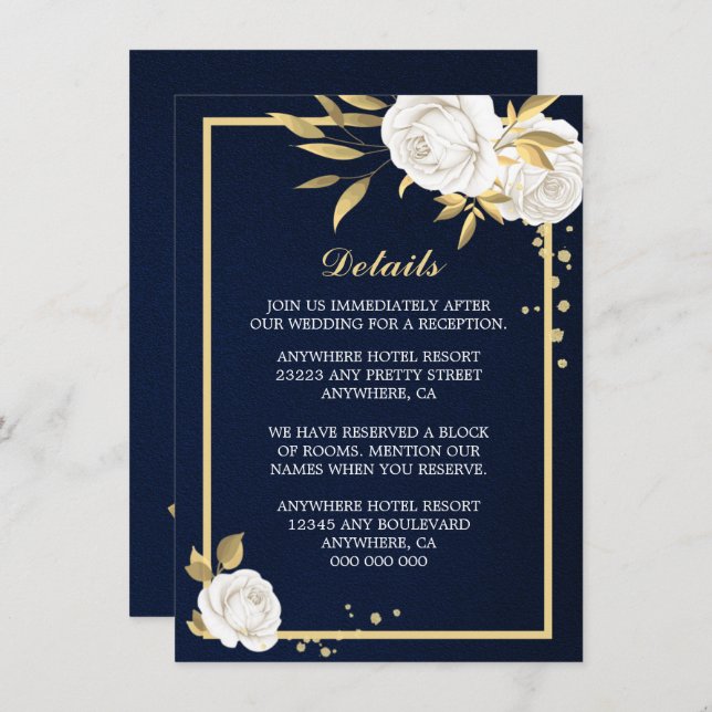 Cartão De Informações detalhes azuis do marinho floral branco (Frente/Verso)