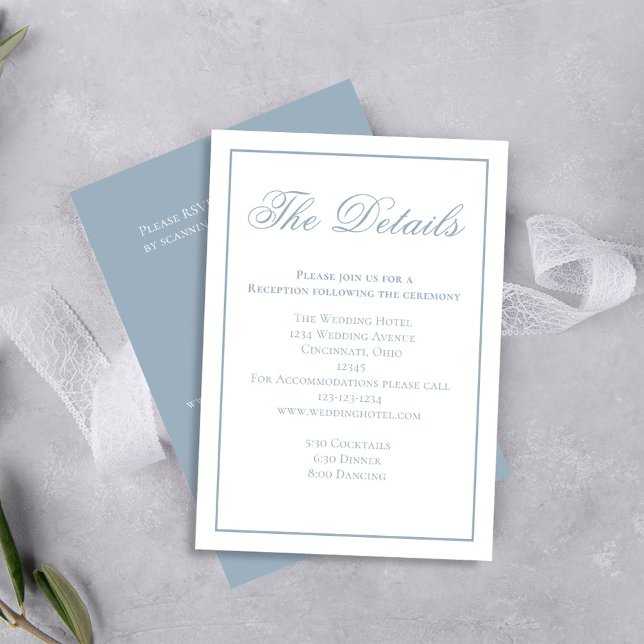 Cartão De Informações Detalhes da Caligrafia Azul Dusty RSVP (Dusty blue wedding rsvp card with scannable QR code template. )