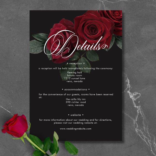 Cartão De Informações Detalhes da Floral de Rosas vermelhas de Sangue do (Elegant Moody Blood Red Roses Floral Details Enclosure Card)