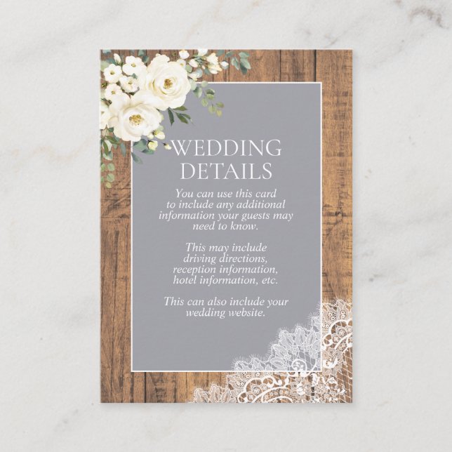 Cartão De Informações Detalhes da Madeira com rendas planas brancas de C (Frente)