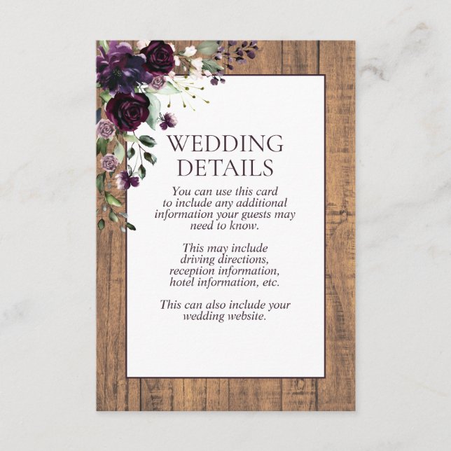 Cartão De Informações Detalhes da Madeira Floral Rústica de Plum Roxo (Frente)