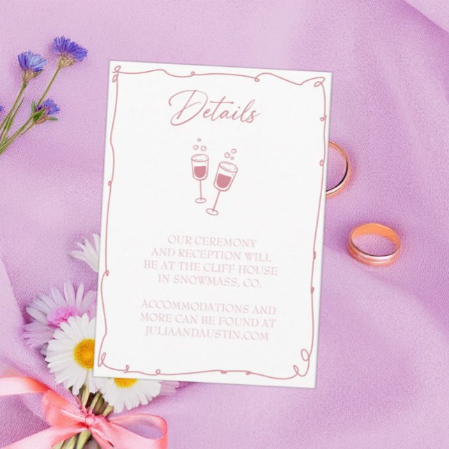 Cartão De Informações Detalhes da Noiva Desenhada à Mão Rosa e do Groom (Criador carregado)