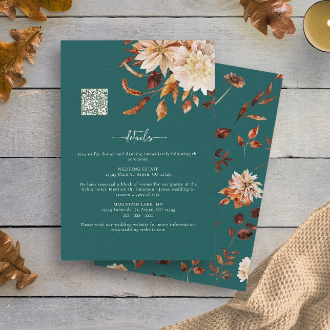 Cartão De Informações Detalhes da queda do teal (Teal Fall Leaves Decor Details Enclosure Card QR Code by Painted Paperie
)
