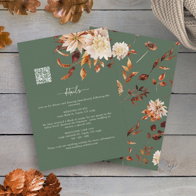 Cartão De Informações Detalhes da queda verde do Autumn Sage (Autumn Sage Green Fall Floral QR Code Details Enclosure Card by Painted Paperie
)