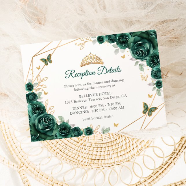 Cartão De Informações Detalhes da Quinceanera Floral Dourada Emerald Gre (Criador carregado)