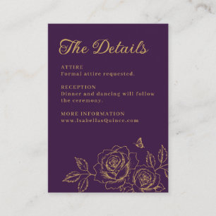 Cartão De Informações Detalhes da Quinceañera Floral Roxa e Dourada