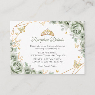 Cartão De Informações Detalhes da Quinceanera Floral Verde Oliva Dourado