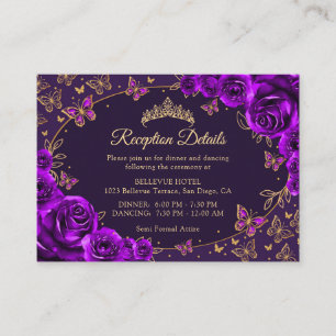 Cartão De Informações Detalhes da Recepção da Quinceanera Dourado Roxo
