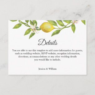 Cartão De Informações Detalhes da Recepção de casamento do Lemons Blosso