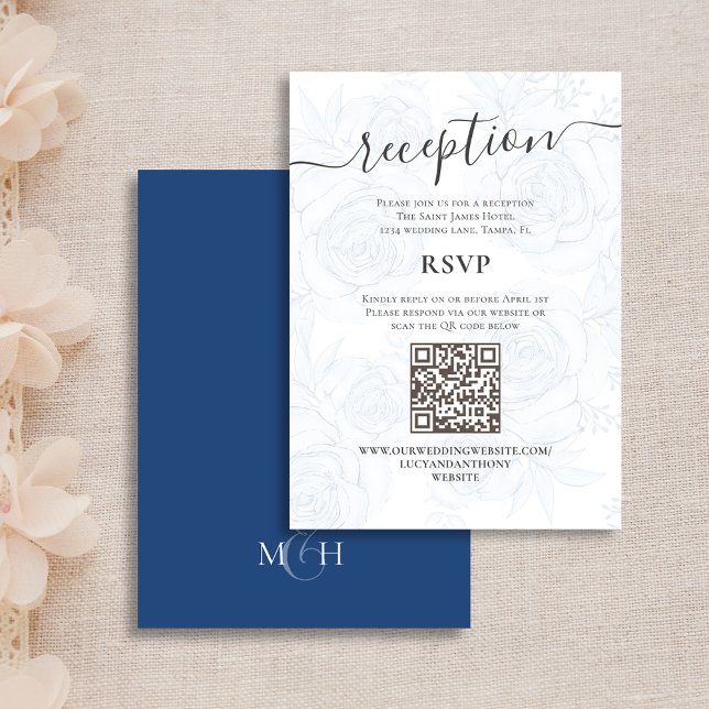Cartão De Informações Detalhes da Recepção de casamento Floral Azul (Wedding Reception and RSVP enclosure card with a Scannable QR Code. )