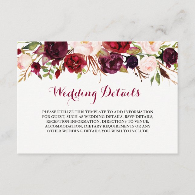 Cartão De Informações Detalhes da Recepção de Casamento Floral Burgundy (Frente)