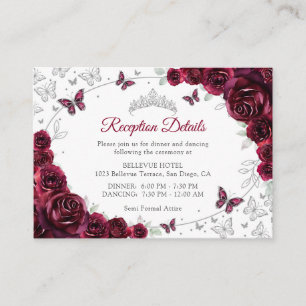 Cartão De Informações Detalhes da Recepção de Quinceanera Burgundy Prata