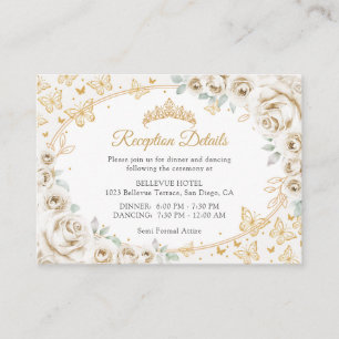 Cartão De Informações Detalhes da Recepção de Quinceanera Creme Dourado