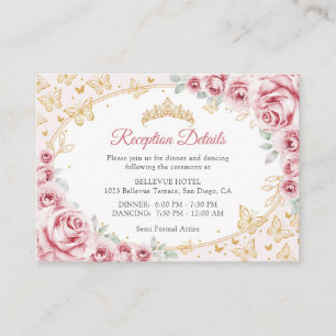 Cartão De Informações Detalhes da Recepção de Quinceanera em Ouro Rosa
