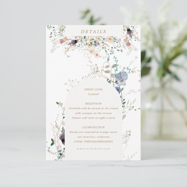 Cartão De Informações detalhes da recepção elegante de flores silvestres (Em pé/Frente)