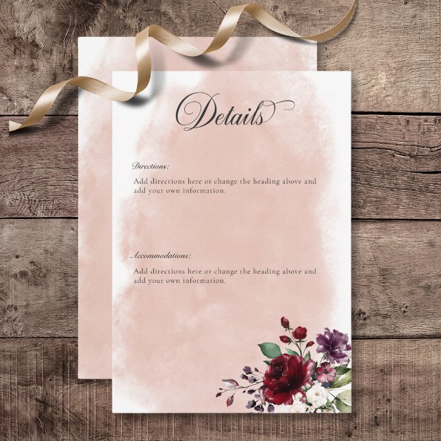 Cartão De Informações Detalhes da Rustic Burgundy & Blush Pink Roses (Rustic Burgundy & Blush Pink Roses Wedding Details Enclosure Card)