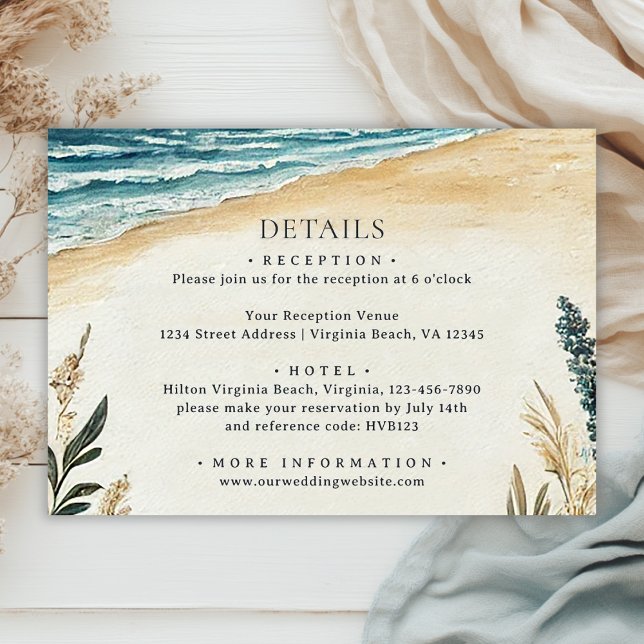 Cartão De Informações Detalhes de Casamento Aquarela de Praia Chic Coste (Front - Coastal Chic Beach Watercolor Wedding Details Enclosure Card)
