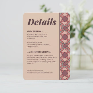 Cartão De Informações Detalhes de Casamento Art Déco em Terracota e Rosa