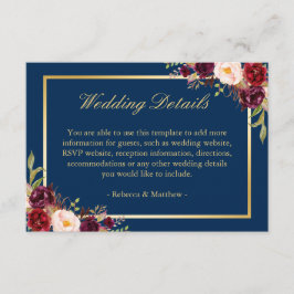 Cartão De Informações Detalhes de Casamento Azul Marinho Dourado Floral