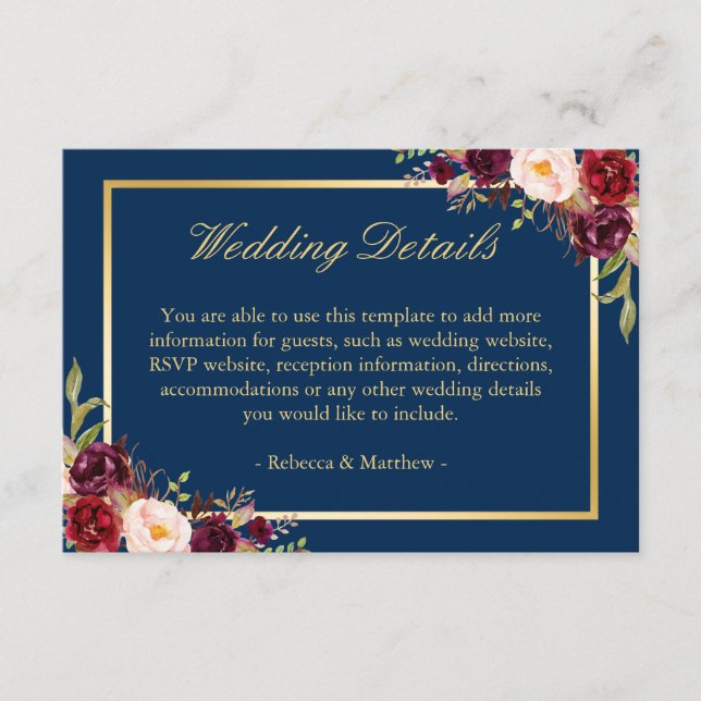 Cartão De Informações Detalhes de Casamento Azul Marinho Dourado Floral  (Frente)