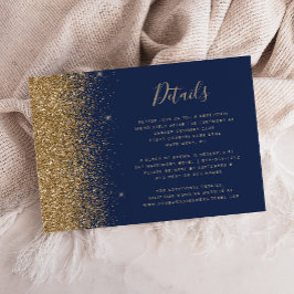 Cartão De Informações Detalhes de Casamento Azul Naval Dourado com Brilh