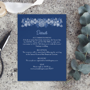 Cartão De Informações Detalhes de Casamento Azul Naval Floral Empoeirado