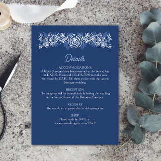 Cartão De Informações Detalhes de Casamento Azul Naval Floral Empoeirado