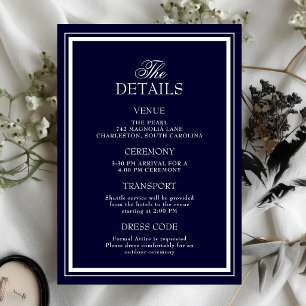 Cartão De Informações Detalhes de Casamento Azul-Navy Elegantes
