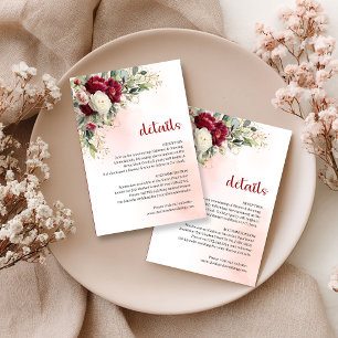 Cartão De Informações Detalhes de Casamento Boho Burgundy Floral Verde D