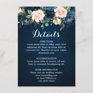 Cartão De Informações Detalhes de Casamento Boho Rosa Azul Naval