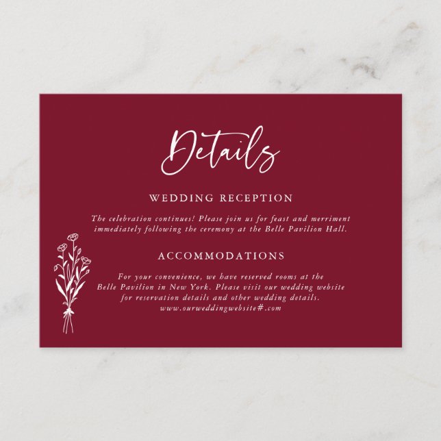 Cartão De Informações Detalhes de Casamento Burgundy Botânicos Minimalis (Frente)