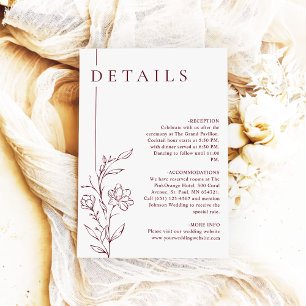 Cartão De Informações Detalhes de Casamento Burgundy Chic Floral Moderno