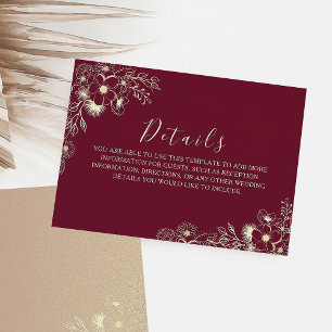 Cartão De Informações Detalhes de Casamento Burgundy Florais Elegantes