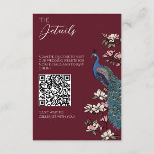 Cartão De Informações Detalhes de Casamento Burgundy Peacock Chinoiserie
